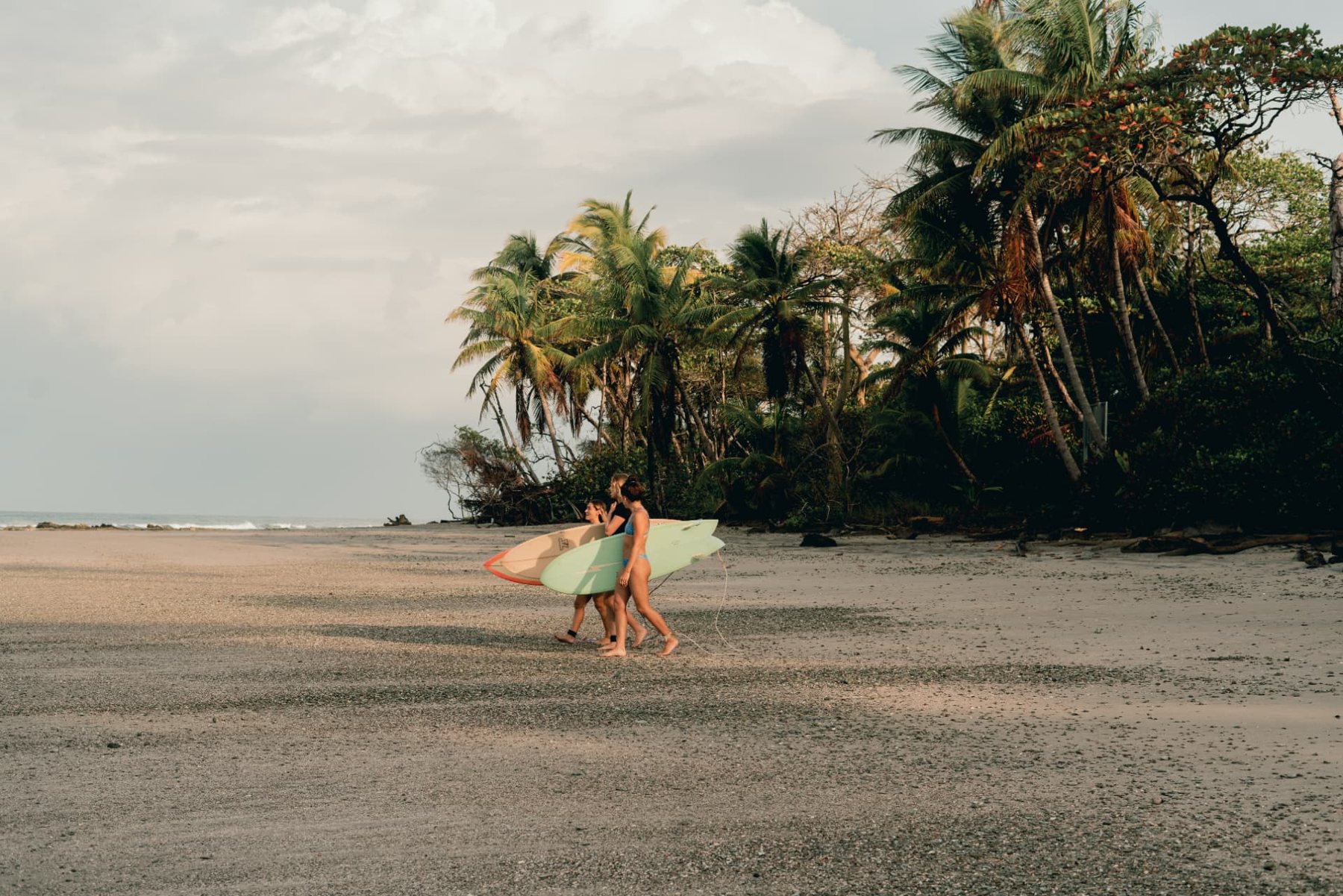 Two surfers walking their boards down an empty palm-lined beach in Santa Teresa